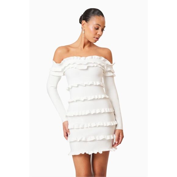 Elliatt Kimberly Long Sleeve Frill Mini Dress White Party Cocktail size S NWT - Picture 1 of 6